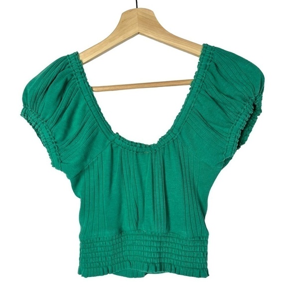 Free People We the Free Brighter Days Green Button Front Short Sleeve Crop Top - Picture 3 of 5